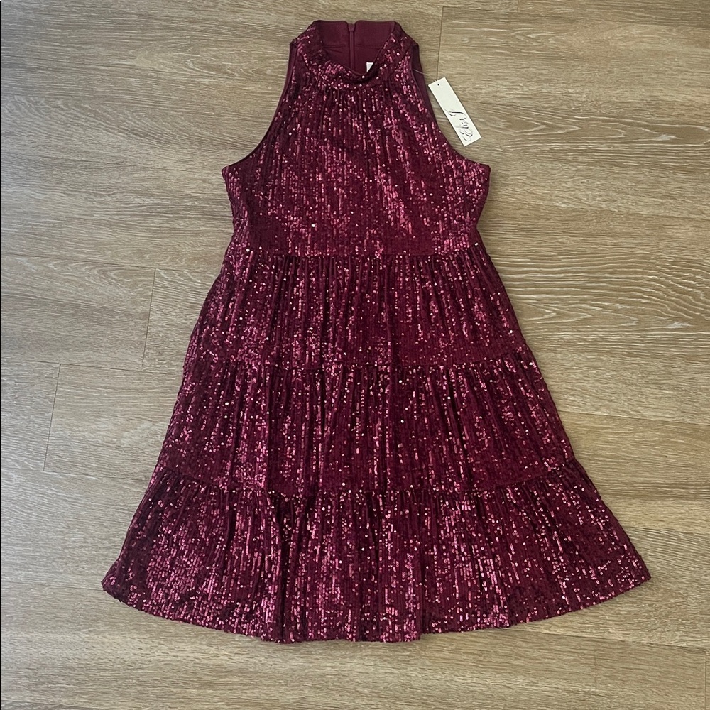 Eliza J Sequin Wine Halter Tiered Mock Neck Mini Dress size 4 - Picture 7 of 12